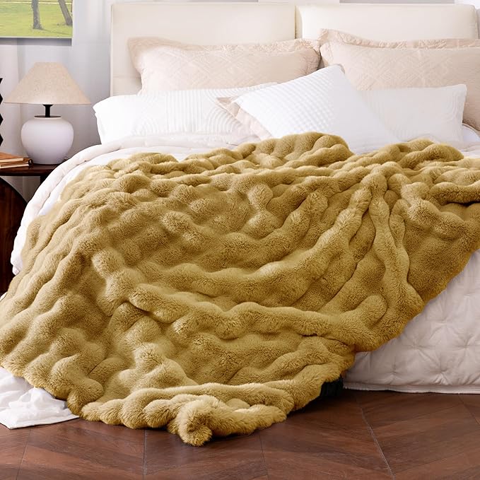 Ultra Soft Cozy Faux Fur Throw Blanket, Fuzzy Plush Thick Bubble Blanket, Oversize Luxury Fluffy Blanket for Couch, Bed, and Living Room, 60x80 Inches, Dark Yellow