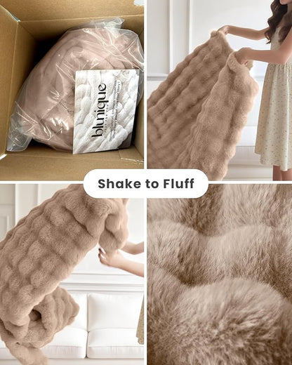 Ultra Soft Cozy Faux Fur Throw Blanket, Fuzzy Plush Thick Bubble Blanket, Oversize Luxury Fluffy Blanket for Couch, Sofa, Bedroom, and Living Room, 50x60 Inches, Light Brown