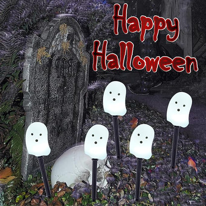 BRIGHTDECK Solar Halloween Ghost Pathway Lights, 5 Pack Ghost Stake Lights, Durable Waterproof Outdoor Halloween Decoration for Garden, Patio, Walkway, and Yard (5Pcs Ghost)