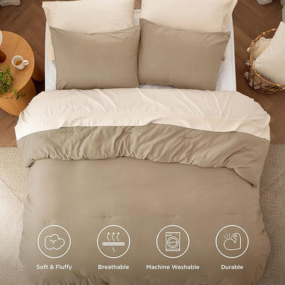 Bedsure Queen Size Comforter Set, Khaki Soft Prewashed Bedding for All Seasons, 3 Pieces GentleSoft™ Warm Down Alternative Bed Set, 1 Lightweight Comforter (90"x90") and 2 Pillowcases (20"x26")