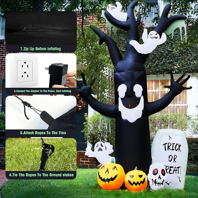 8FT Halloween Inflatables Decorations - Blow Up Yard Devil's Tree with Ghost, Pumpkin, Skull and Tombstone with Build-in LED & Flame Light for Halloween Party Garden Lawn Indoor Outdoor Decor