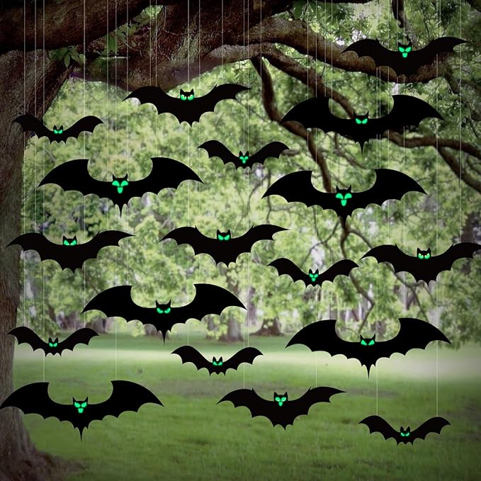 18 PCS Hanging Bats Halloween Decoration Outdoor Black Plastic Bats with Glowing Eyes Different Size Flying Bats Halloween Decor Hanging in The Tree, Porch, Yard, Lawn, Indoor