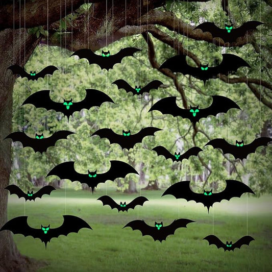 18 PCS Hanging Bats Halloween Decoration Outdoor Black Plastic Bats with Glowing Eyes Different Size Flying Bats Halloween Decor Hanging in The Tree, Porch, Yard, Lawn, Indoor