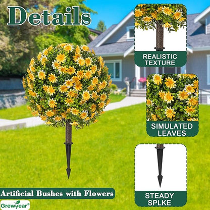 Artificial Topiary Ball Trees with Spike Set of 2, Fall Faux Boxwood Plants for Outdoor Planters, UV Resistant Artificial Outdoor Shrubs, Fake Bushes for Porch, Garden, Patio Decor