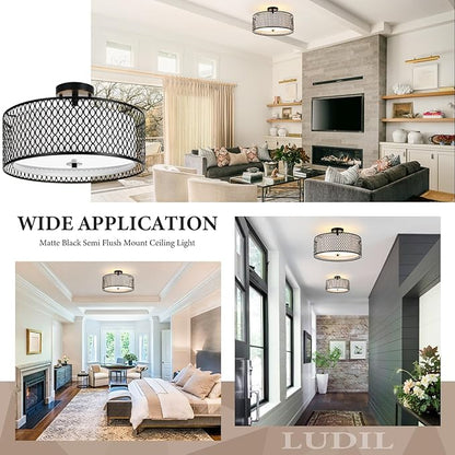 17" Semi Flush Mount Ceiling Light Fixture, Modern 3-Light E26 Double Drum Ceiling Lighting with Matte Black Iron Mesh Cage for Living Room Bedroom Hallway Entryway, Black
