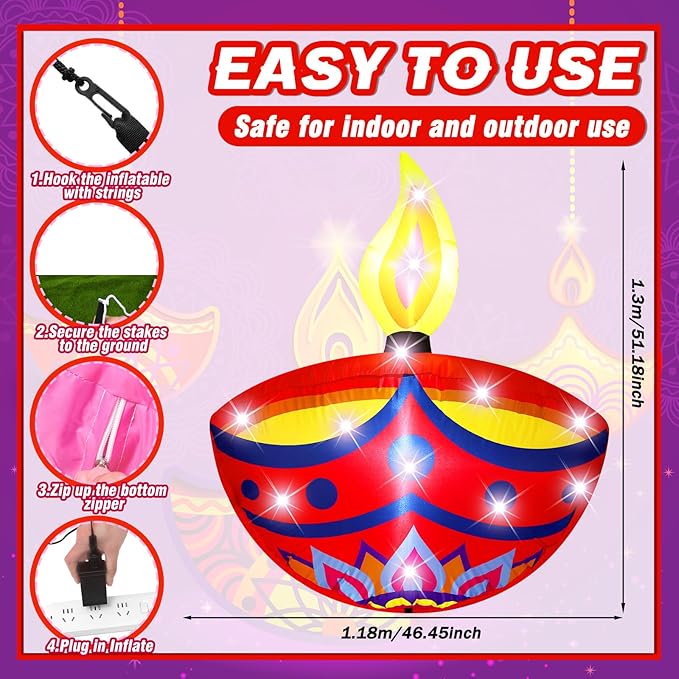 VIHOSE 4 ft Happy Diwali Inflatables Diya Deepavali Themed Blow up Decor Indian Festival LED Lights Inflatable Decoration for Outdoor Indian Diwali Lights Party Lawn Decorations