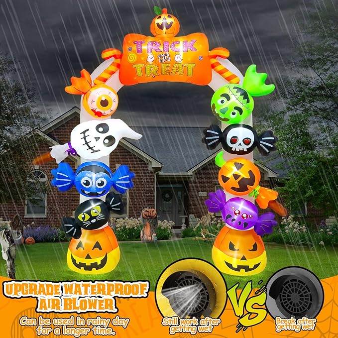 Kalolary 10FT Tall Halloween Inflatables Archway Candy Ghost, Giant Halloween Outdoors Decoration Pumpkin Arch Blow Up Yard Decorations with Build-in Lights for Yard Garden Lawn Indoor Outdoor Decor