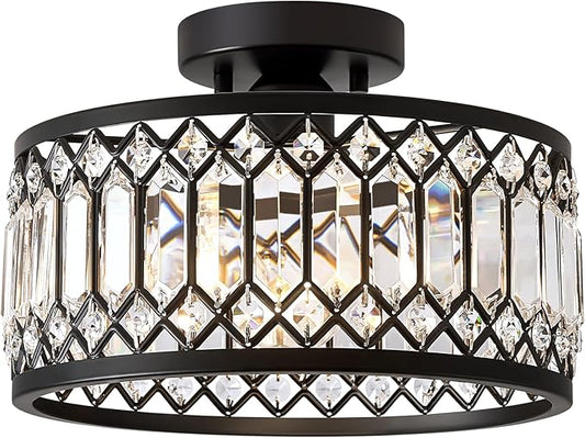 Crystal Ceiling Light Fixture, Modern Semi Flush Mount Ceiling Light, Black Lighting Fixtures Lamp for Hallway, Kitchen, Entryway, Bedroom, Laundry Room, 1-Light, 11.4 Inch