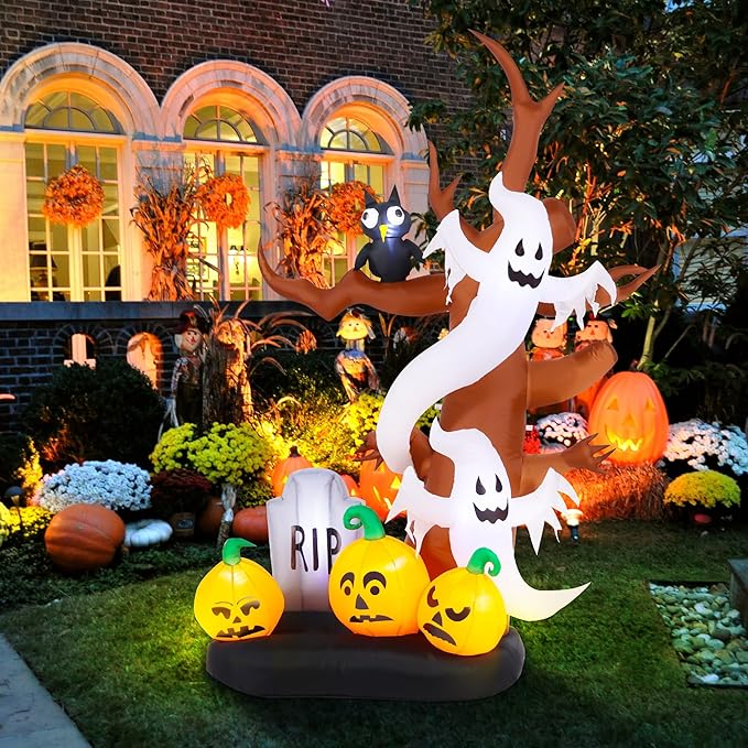 8 FT Halloween Inflatables Outdoor Decorations, Giant Blow Ups Flying Ghosts Pumpkin Tree with Build-in LED Lights, Funny Yard Garden Decoration for Halloween Party Indoor Outdoor