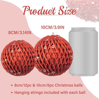 3.15" Christmas Ball Ornaments Glitter Shatterproof Christmas Tree Ornaments Sequin Xmas Hanging Balls Decorations for Wedding Party Holiday(Red, 12pc-8cm)