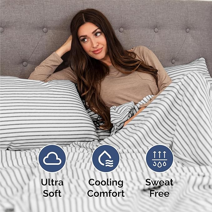 CGK Linens Twin 4 Piece Sheet Set - Cooling Sheets for Hot Sleepers - Hotel Luxury Bedding Set with 8-16 Inch Deep Pockets - 1 Flat & 1 Fitted & 2 Pillowcases - Soft and Wrinkle Free - Grey Stripes