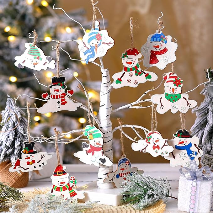 Suzile 36 Pcs Christmas Wooden Ornaments Melting Snowman Style Hanging Decor Cartoon Christmas Tree Hanging Decoration Melting Snowman Pattern for Xmas Home Winter Party