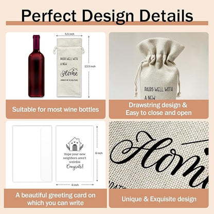 Housewarming Wine Gift Bags & Card, First New Home House Gifts for Women Men Wife Husband Friend Home Owner, 1 pcs Reusable Burlap Wine Gift Bags for Wine Bottles, Housewarming Party Decor Favor -35