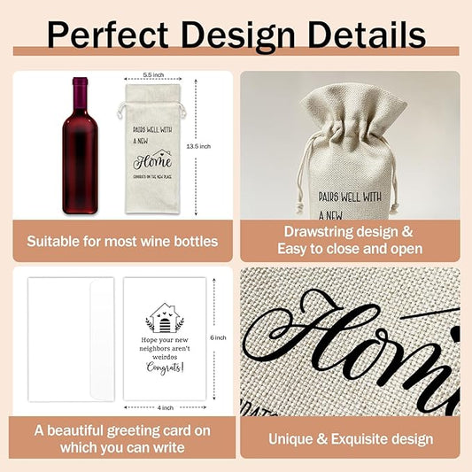 Housewarming Wine Gift Bags & Card, First New Home House Gifts for Women Men Wife Husband Friend Home Owner, 1 pcs Reusable Burlap Wine Gift Bags for Wine Bottles, Housewarming Party Decor Favor -35