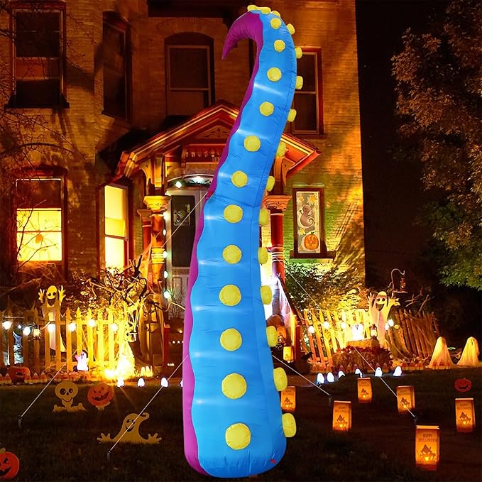 Juegoal 1 PCS Halloween Decorations 11.5FT Tall Inflatable Lighted Giant Octopus Tentacle, Octopus Legs with Lights, Halloween Front Door Window Roof Prop, Outdoor Holiday Blow up Decor - Mold A