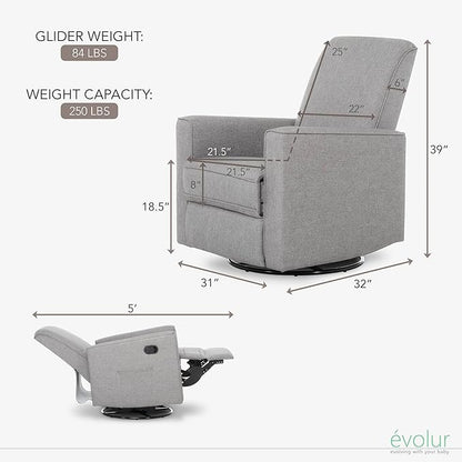 Evolur Raleigh Upholstered Plush Seating Glider Swivel, Rocker, Recliner, Glider for Nursery in Light Grey, Greenguard Gold Certified, Modern Nursery Recliner, Environmentally Conscious Glider
