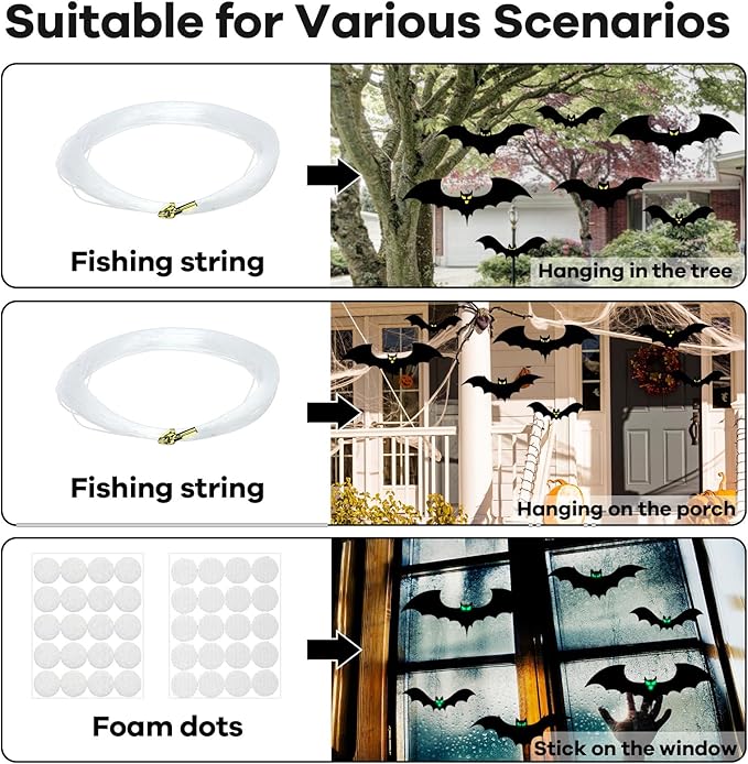 13 PCS Hanging Bats Halloween Decoration Outdoor Black Plastic Bats with Glowing Eyes Different Size Flying Bats Halloween Decor Hanging in The Tree, Porch, Yard, Lawn, Indoor