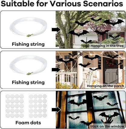 13 PCS Hanging Bats Halloween Decoration Outdoor Black Plastic Bats with Glowing Eyes Different Size Flying Bats Halloween Decor Hanging in The Tree, Porch, Yard, Lawn, Indoor