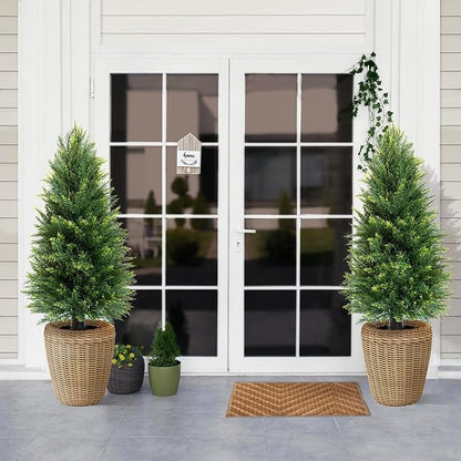 Set of 2 Artificial Cedar Topiary Trees, 3 FT Tall | UV-Resistant for Outdoor & Indoor Use | Lifelike Fake Plants for Front Porch, Patio & Office Decor