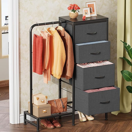 Dresser with Hanging Rack, 4 Drawers Small Closet for Bedroom, Reversible Fabric Kids Dresser for Closet with Clothes Rack, Tall Chest of Drawers, Sturdy Frame, Grey, 44''H