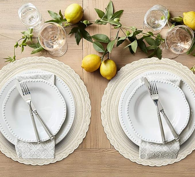 SHACOS Round Placemats Set of 6 Boho Braided Bordered Placemats 15 inch for Dining Tables Wedding Holiday Party (Ivory Bordered, 6)