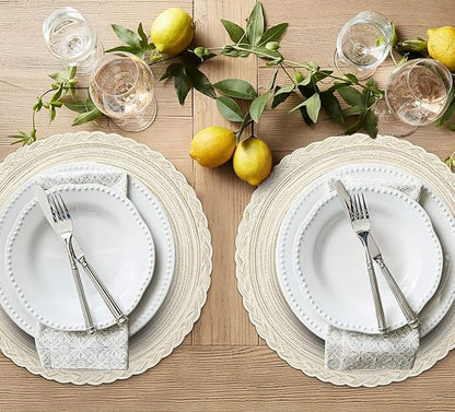 SHACOS Round Placemats Set of 6 Boho Braided Bordered Placemats 15 inch for Dining Tables Wedding Holiday Party (Ivory Bordered, 6)