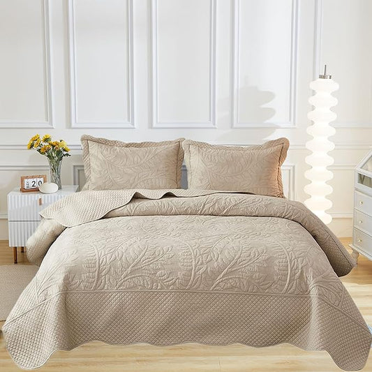 MarCielo 3-Piece 100% Cotton Oversized Bedspread Lightweight Quilt Coverlet Embroidery Farmhouse Bedding Set T0 (Yellowish Beige, Oversized Queen (100"x106"))