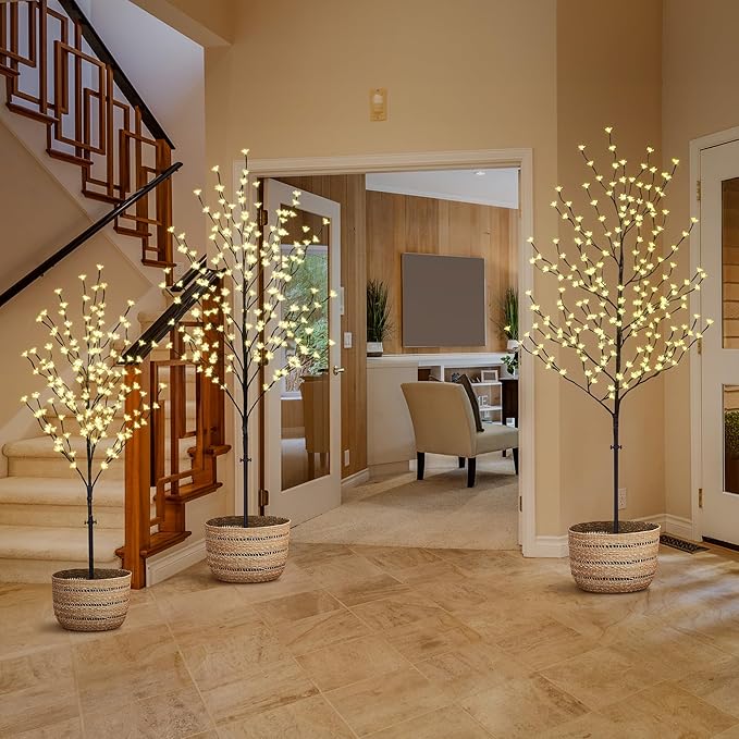 Lightshare LED Lighted Cherry Blossom Tree, 4FT, 5FT and 6FT, Warm White, Pack of 3, Decorate Home Garden, Summer, Wedding, Birthday, Christmas Holiday, Party, for Indoor and Outdoor Use