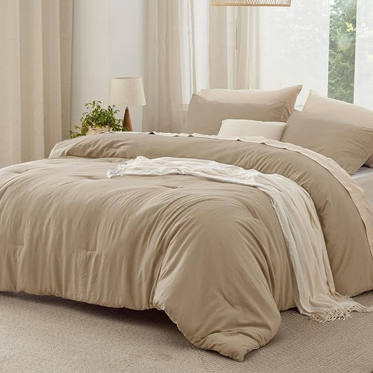 Bedsure Full Size Comforter Set, Khaki Soft Prewashed Bedding for All Seasons, 3 Pieces GentleSoft™ Warm Down Alternative Bed Set, 1 Lightweight Comforter (82"x86") and 2 Pillowcases (20"x26")