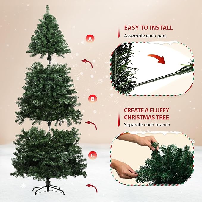 CASA CLAUSI 6ft Artificial Christmas Tree Premium Pine Xmas Tree with 1000 Branch Tip, 1 Minute Christmas Tree Unlit Realistic Holiday Party Décor for Home Office, Foldable Stand, Easy Assembly