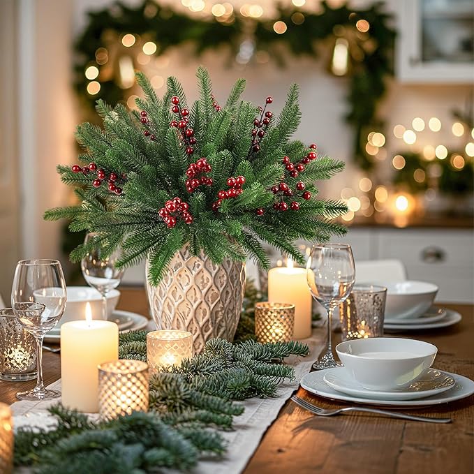 12Pcs/84Pcs Christmas Artificial Pine Branches with Red Berry Stems, 18‘’ Faux Greenery Christmas Picks, Real Touch Fake Floral Leaves Branch for Xmas Decorations Indoor DIY Craft Garland Home Decor