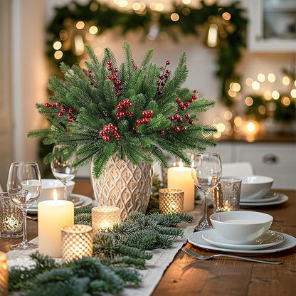 12Pcs/84Pcs Christmas Artificial Pine Branches with Red Berry Stems, 18‘’ Faux Greenery Christmas Picks, Real Touch Fake Floral Leaves Branch for Xmas Decorations Indoor DIY Craft Garland Home Decor