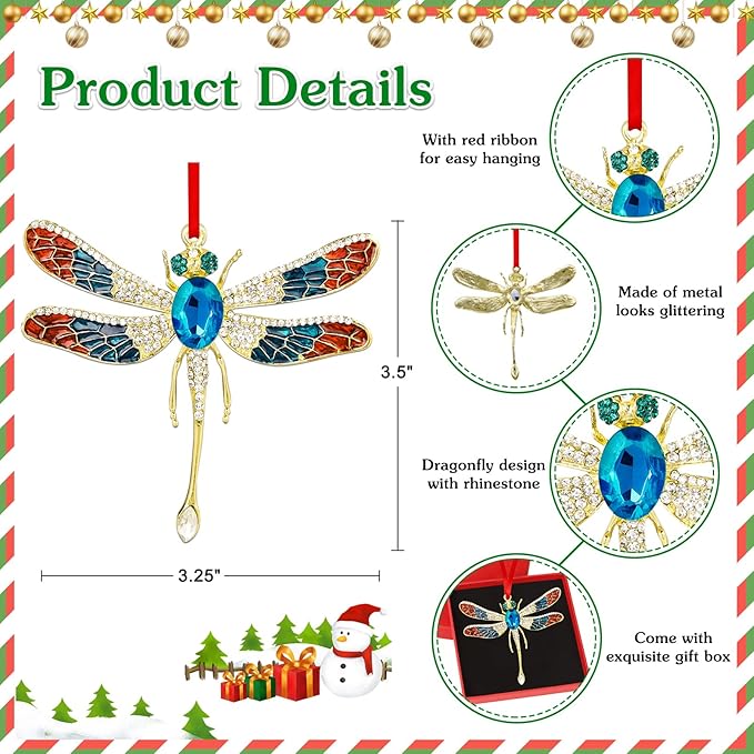 WhatSign Metal Dragonfly Ornaments - Hanging Christmas Ornament Decoration for Christmas Tree Party for Women Girls