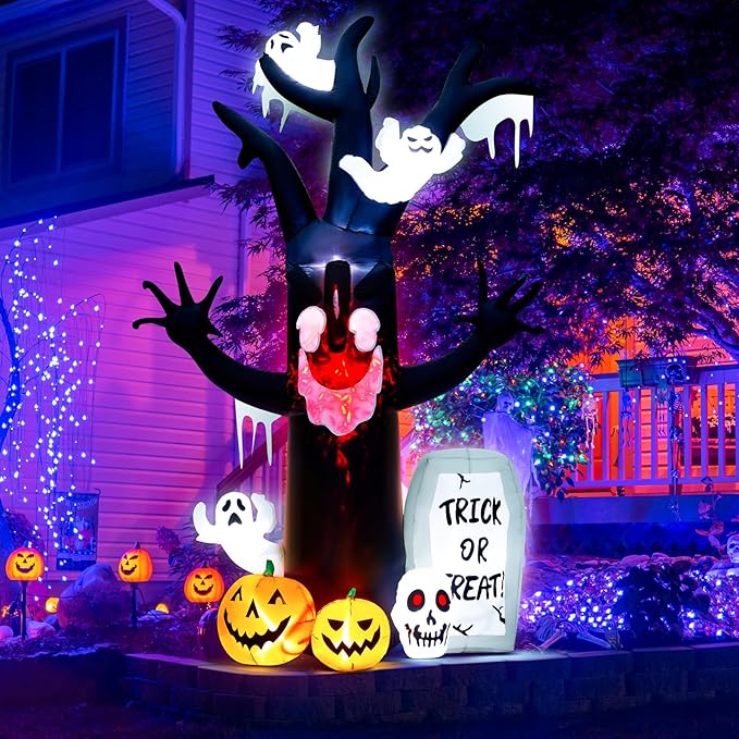 8FT Halloween Inflatables Decorations - Blow Up Yard Devil's Tree with Ghost, Pumpkin, Skull and Tombstone with Build-in LED & Flame Light for Halloween Party Garden Lawn Indoor Outdoor Decor