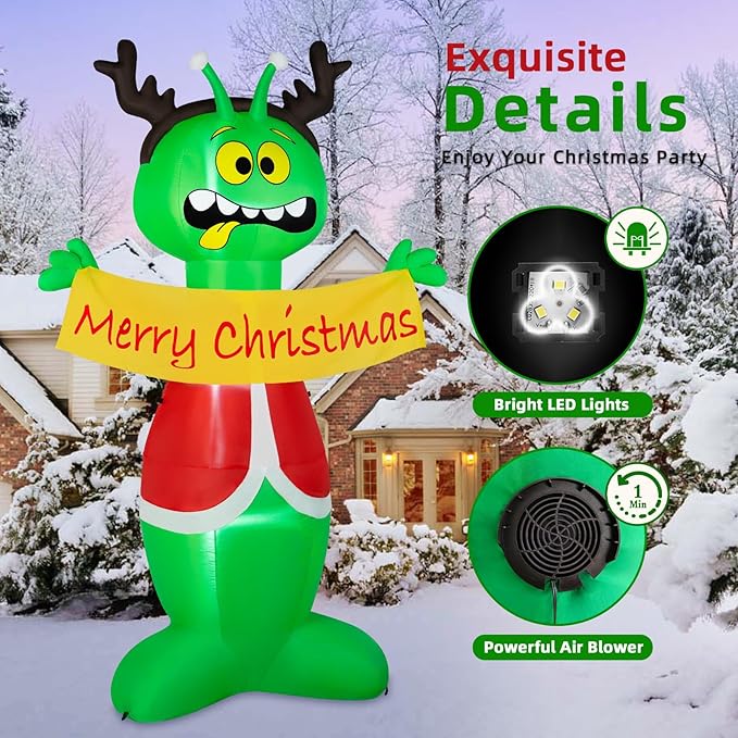 8FT Christmas Inflatable Outdoor Decoration, Inflatable Alien Christmas Blow Up Yard Decorations with Built-in LEDs Inflatable Xmas Decorations for Party Garden Yard Lawn Decor