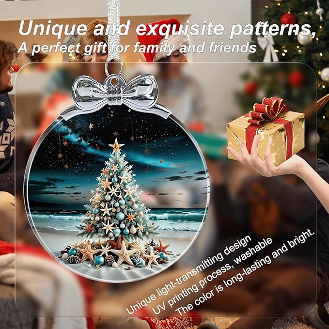 Seaside Christmas Tree Stained Glass Christmas Ornament - Hanging Ornaments for Christmas Tree Decorations - Holiday Keepsake Present Exchange Idea