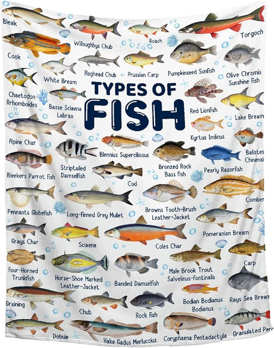 Fish Throw Blanket,Types of Fish Blanket Fish Blanket Gifts,Ultra Soft Lightweight Flannel Blankets Warm Fuzzy Cozy Plush Blankets for Couch Sofa Bed Living Room,Queen Size-60"x80"