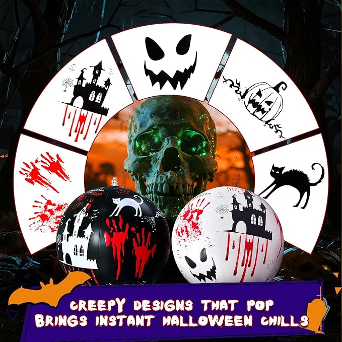 6 PCS 11.8 inch Hanging Halloween Decorations Ball Set, Inflatable Hanging Halloween Ornament Balls with Bloody Handprints, Haunted Castles, Creepy Faces, Black Cats and Pumpkin for Yard,Party Decor