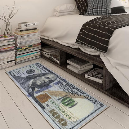 Machine Washable $100 Bill Design Cotton 22x53 Flatweave Runner Rug for Laundry Room, Bedroom, 22" x 53", Multicolor