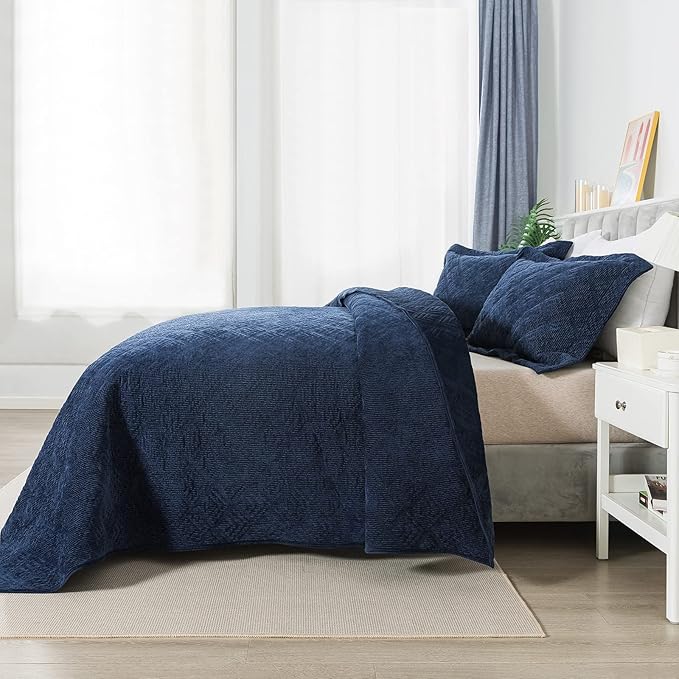 HoneiLife King Quilt Bedding Set - 3 Pieces Corduroy Quilt Sets Double Faced Velvet Bedspreads Super Soft Coverlets Reversible Bed Cover Autumn & Winter Bedding Set All Season Quilts-Navy Blue