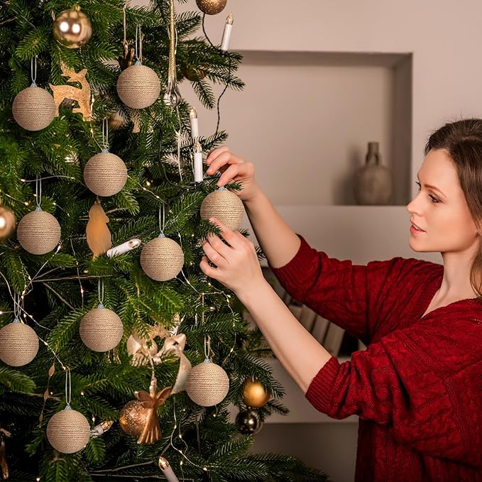 Syhood 6pcs Christmas Ball Ornaments Boho Farmhouse Jute Rope Hanging Xmas Balls Burlap Neutral Rustic Ornaments for Xmas Tree Holiday Wreath Garland (3.15 Inches,Linen)