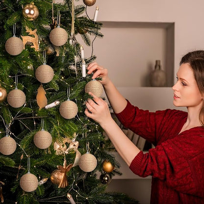 Syhood 6pcs Christmas Ball Ornaments Boho Farmhouse Jute Rope Hanging Xmas Balls Burlap Neutral Rustic Ornaments for Xmas Tree Holiday Wreath Garland (3.15 Inches,Linen)