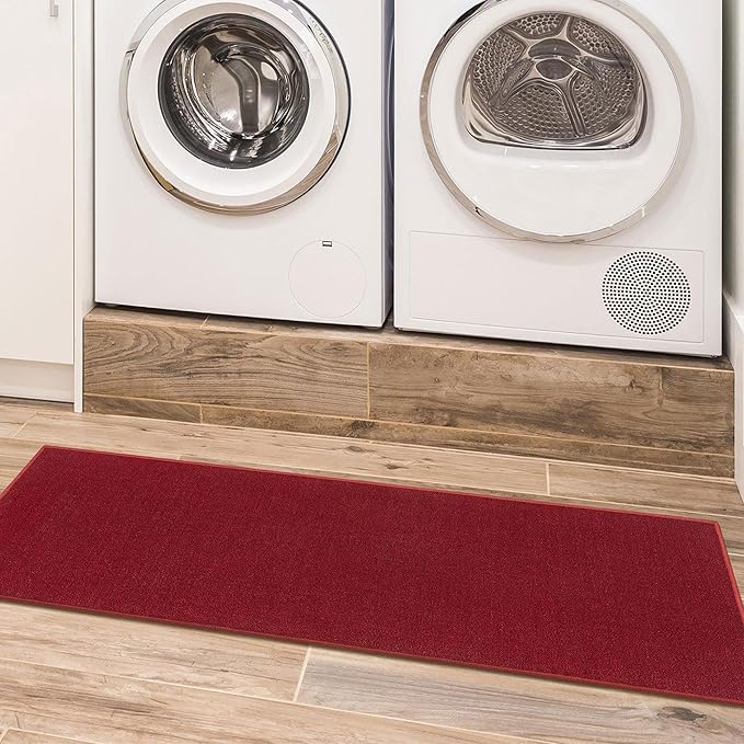 Machine Washable Modern Solid Design Non-Slip Rubberback 2x5 Traditional Runner Rug for Hallway, Kitchen, Bedroom, Entryway, 20" x 59", Red