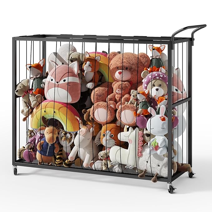 BBLIKE Stuffed Animal Storage Tower Rolling Cart - Zoo Cage Organizer for Kids' Plush Toys - Extra Large Storage Holder for Stuffy, Plushies & More in Playroom or Bedroom, 214L, Black