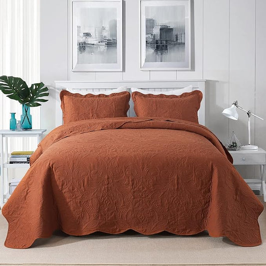HoneiLife Queen Quilt Bedding Set - 3 Pieces Microfiber Quilt Sets Lightweight Bedspreads Reversible Coverlets Retro Bed Cover Paisley Pattern Bedding Set All Season Quilts-Rust