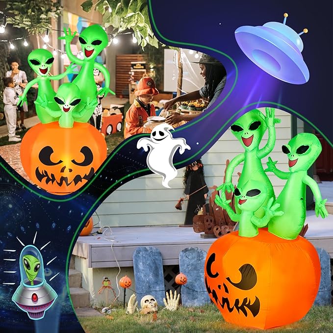CAMULAND 6FT Halloween Inflatable Pumpkin Alien Decorations Outdoor,Halloween Inflatable Blow Up Decor with Built-in LED Lights Outdoor Inflatable Decoration for Garden, Lawn, Yard, Party 6FT Hall