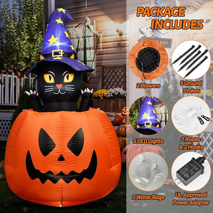 5.3 FT Halloween Inflatable Animated Witch Cat in Pumpkin, Blow Up Yard Decorations with Build-in LEDs Lighted Decor for Holiday Party Outdoor Indoor Lawn Garden