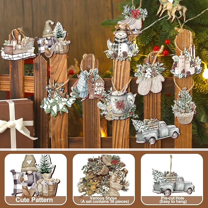 Suzile 36 Pcs Christmas Wooden Ornaments Vintage Christmas Tree Ornaments Xmas Decorations for Tree Wreaths Xmas Hanging Wood Cutouts Decor for Home Winter Party