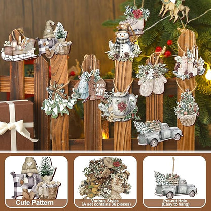Suzile 36 Pcs Christmas Wooden Ornaments Vintage Christmas Tree Ornaments Xmas Decorations for Tree Wreaths Xmas Hanging Wood Cutouts Decor for Home Winter Party