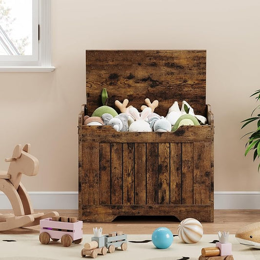 IDEALHOUSE Storage Chest, 24.8" Toy Chest for Boys Girls, Kids Wood Large Toy Box, Storage Bench with Safety Hinge,Storage Trunk for Entryway, Living Room, Bedroom, Playroom, Rustic Brown
